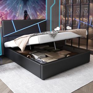 Sweiko Comfortabel gestoffeerd bed met LED lichtstrips, 160*200 cm, tweepersoonsbed met lattenbod, rugleuning, hydraulisch functioneel bed, synthetisch leer, zwart