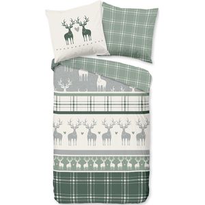Flanellen Dekbedovertrek 200x200 cm - Rendieren en Ruit Print - Groen - 2 Persoons - 100% Katoen - Oeko-Tex Gecertificeerd