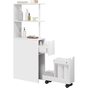 J&R Badkamerkast - Badkamer meubel - Kast - Hoge kast - Opbergkast - Smalle kast - Uitschuifbaar - Lade op wielen - Hout - Wit - 45x19x113cm
