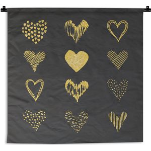 Wandkleed Goud Geverfd - Gouden getekende harten op zwart papier Wandkleed katoen 150x150 cm - Wandtapijt met foto