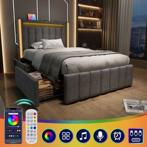 Jongerenbed met USB-C lader, ledverlichting en 2 lades - 90x200 cm - Grijs (zonder matras)