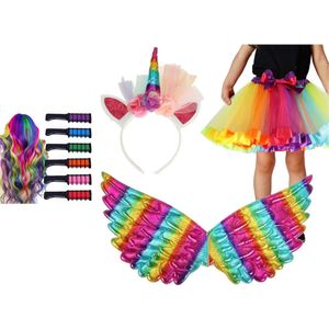 Unicorn Kostuum - Eenhoorn Verkleedkleding - Regenboog Tule Rok - Diadeem met Hoorn en Tule - Rainbow Haarkrijt - Vleugels - Ideaal voor Carnaval