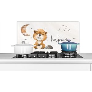 Spatscherm keuken 90x45 cm - Kookplaat achterwand Quotes - Be happy - Kinderen - Maan - Bever - Waterverf - Muurbeschermer - Spatwand fornuis - Hoogwaardig aluminium