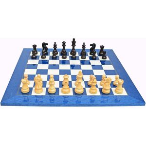 Houten Schaakspel: Schaakbord ""De Luxe Blauw"" met American Staunton schaakstukken ebonised (Nummer 6)