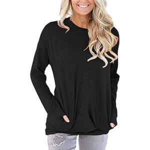 ASTRADAVI Casual Wear - Dames O-Hals Sweater - Trendy Trui met 2 Zakken - Zwart / Small