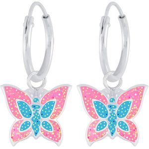 Joy|S - Zilveren vlinder bedel oorbellen - glitter roze blauw - oorringen