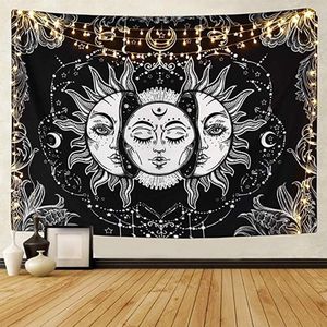 Tarot tapijt, zon en maan psychedelisch tapijt, zwart, hemelmuur hangen, Indiase Mandala, Boheems. Hippie strandkleed