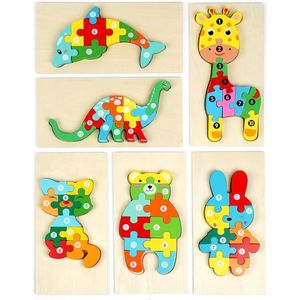 Houten Puzzels, 6 Stuks 3D Dierenpuzzel Speelgoed Baby's Games, Sorteer speelgoed - Vormnummerpuzzel Jigsaw Set, Houten Legpuzzels voor Peuters,cadeau, educatief speelgoed, voor kinderen van 1-3 jaar (Giraffe)