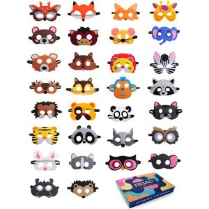 Fissaly 30 Stuks Dieren Jungle Maskers voor Kinderfeest & Verkleed Partijen – Safari Kostuum Decoratie - Dierenmaskers