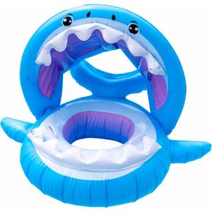 Playos® - Zwemband Haai - met Zitje - Zonnescherm - Blauw - Peuter en Baby - Zwemring - Babyzwemband - Babyfloat - Zwemtrainer - Opblaasbaar - Zwemstoel - Opblaasbare Rubberboot - Rubber Bootje