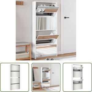 vidaXL Houten Schoenenkast - Schoenenkast - Schoenenkast met spiegel 4-laags 63x17x134 cm hoogglans wit - Witte Schoenenkast - Compacte Schoenenkast - Schoenenopbergers