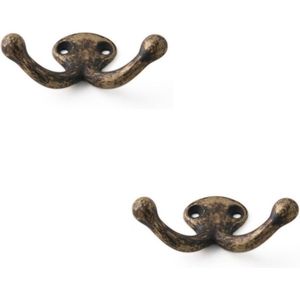 2x Luxe kapstokhaken / jashaken bronskleurig antiek dubbele haak - hoogwaardig aluminium - 4 x 7,2 cm - Antieke kapstokhaakjes / garderobe haakjes