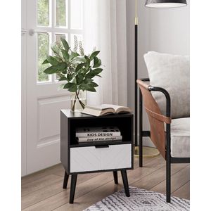 Nachtkastje, naast tafel met lade en plank, zwart nachtkastje, meubel, kleine bijzettafel, bijzettafel met gouden frame voor slaapkamer, woonkamer