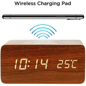 Houten wekker met draadloze oplader Bruin, Wooden alarm clock with wireless charger brown