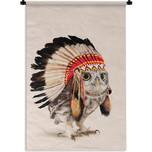 Wandkleed - Muurdoek - Uil - Vogel - Indianentooi - Veren - Dieren - 60x90 cm - Muurtapijt