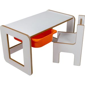Industrial living kindertafel met oranje opberglade - Kinderbureau - Tekentafel met kinderstoel - Speeltafel -Activiteitentafel - Hout - Wit