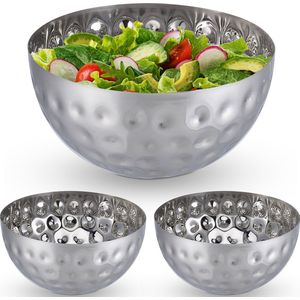 Relaxdays 3x saladeschaal zilver - saladekom rvs - deco schaal - serveerkom - 3,5 liter