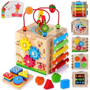 Motorische activiteitskubus van hout, 8-in-1, speelgoed, cadeau voor 1, 2, 3 jaar, jongens en meisjes, Montessori Bonus stapel- en sorteerbord, educatief speelgoed voor peuters