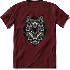 Vos - Dieren Mandala T-Shirt | Groen | Grappig Verjaardag Zentangle Dierenkop Cadeau Shirt | Dames - Heren - Unisex | Wildlife Tshirt Kleding Kado | - Burgundy - XXL