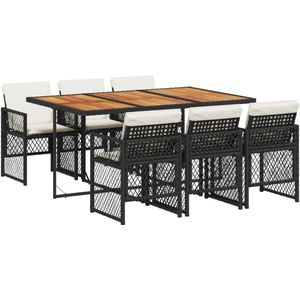 The Living Store 7-delige Tuinset met kussens poly rattan zwart - Tuinmeubel - Buitendecoratie - Lounge Set - Eetkamerset - Poly Rattan