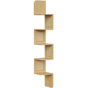 Hoekplank, zwevend wandrek met 5 niveaus, zigzag hoekrek, zijkanten van pvc, ruimtebesparend, voor keuken, slaapkamer, woonkamer, boho-stijl, kleur eiken beige