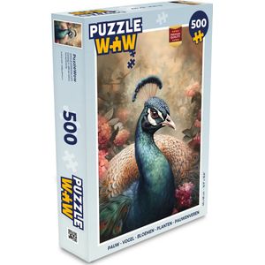 Puzzel Pauw - Vogel - Bloemen - Planten - Pauwenveren - Legpuzzel - Puzzel 500 stukjes
