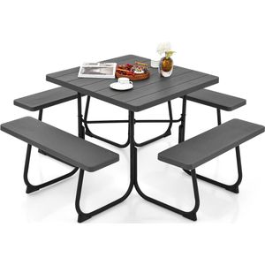 COSTWAY Zitgarnituur voor 8 personen, picknicktafel met parasolgat en 4 banken, vierkante tuintafel, tuingarnituur, tuinmeubelen, zitgroep voor tuin, terras (zwart)