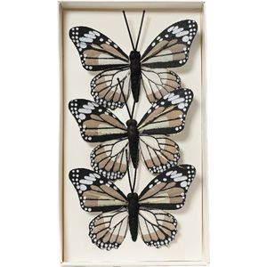 Decoris decoratie vlinders op draad - 3x - bruin tinten - 8 x 6 cm