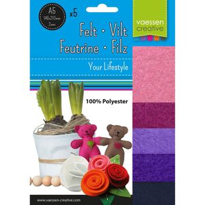 Vaessen Creative Vilt lapjes pakket A5 - 2 mm dikte - Roze/Paars - 5 Vellen