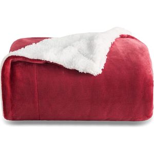 Knuffeldeken, wollige bankovertrek, rood, deken, bank, klein, als bankdeken, overtrek, woonkamerdeken, woondeken, van zachte fleece en warme Sherpa, fleecedeken, 130 x 150 cm