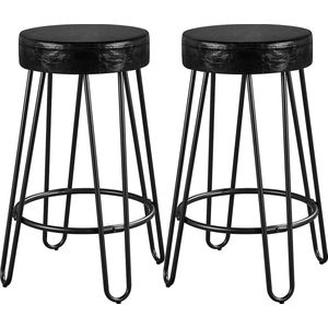Set van 2 barkrukken, rond, kunstleer, barkrukken voor woonkamer en eetkamer, metalen frame met voetensteun, 67 cm hoog, zwart