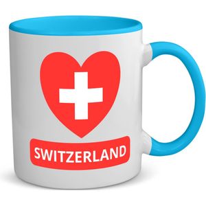 Akyol - switzerland vlag hartje koffiemok - theemok - blauw - Zwitserland - reizigers - toerist - verjaardagscadeau - souvenir - vakantie - 350 ML inhoud