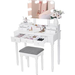 Make-up ijdelheid bureau set met verlichte spiegel, tafel, 8 LED-lampen, frameloze spiegel, 3 kleuren modi, dimmen, 7 laden, gewatteerde kruk, 3 verdelers - wit.