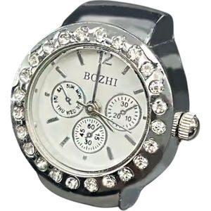Luxe Vingerhorloge - Vinger Ring Horloge - Finger Watch - Zilver Wit Diamonds