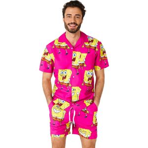 OppoSuits SpongeBob™ Pink Heren Zomer Set  - Bevat Shirt En Shorts - Tropische Zwem Kleding - Roze - Maat XXL