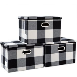 Grote opvouwbare opbergcontainers met deksel [3-pack] Opvouwbare stoffen opbergdozen, containers, manden, kubus voor thuis, op kantoor, zwart-wit (45 x 30 x 30)