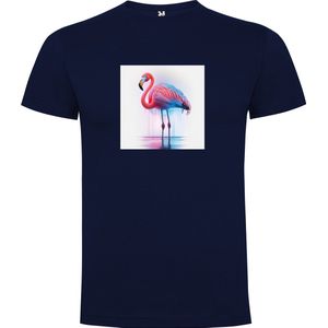 Donker Blauw T-Shirt met “ Kleurrijke Flamingo “ Print Full Color Maat M