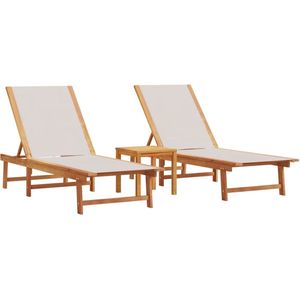 The Living Store Ligbedden 2 st met tafel massief acaciahout en textileen grijs - Ligbed - Tuinset - Acacia Hout - Textiel - Lounge Stoel
