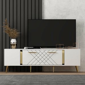 Asir tv-standaard. 100% GEMELAMINEERDE SPAANPLAAT. Dikte: 18 mm. Breedte: 150 cm Hoogte: 48,2 cm Diepte: 35 cm. Poothoogte: 15 cm. Talrijke planken. Extra opslag