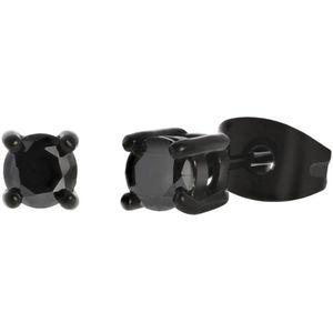 Lucardi Heren Blackplated oorbellen rond met zirkonia 4mm - Oorbellen - Cadeau - Vaderdag - Staal - Zwart