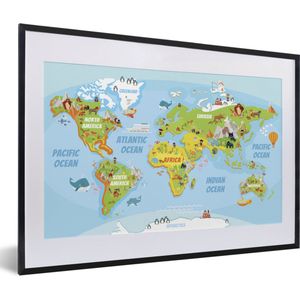 Wereldkaart - Kinderen - Dieren - Schoolplaat - Kinderkamer - 60x40 cm