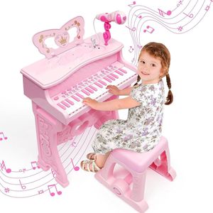 Piano voor Kinderen - Kinderpiano - Elektronisch Muziekinstrument met 37 Toetsen voor Meisjes - Cadeau - Pedagogisch Muziekspeelgoed met Afneembare Poten - Microfoon - Meerdere Muziekmodi - Licht - met Kruk - Roze