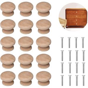 Houten deurladegrepen, 15 stuks meubelknoppen, houten ladegreep, houten knoppen, handgrepen, meubelknoppen, kastknoppen met schroeven, knoppen voor kasten en laden, rond, hout