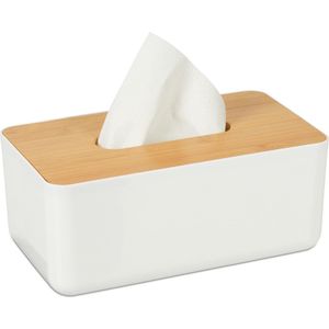 Relaxdays tissue box - kunststof - tissuehouder - zakdoekjesdoos - deksel van bamboe