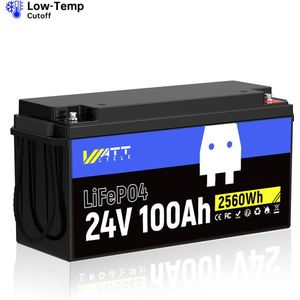 WattCycle 24V 100Ah accu, draagbare noodstroomvoorziening, A+ kwaliteit LiFePO4 accu, ingebouwde 100A BMS, 2560Wh, waterdicht, voor buitendouches, RV, kamperen, kajakken, drones, horloges, live video streaming apparaten