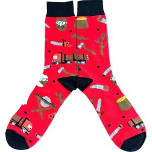 Grappige sokken voor Houthakkers met Zagen, Bijl, Boom, Timbertruck - Heren maat 40-45 - rood/zwart