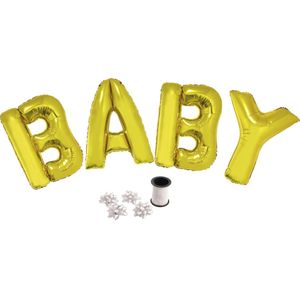 Folie ballonset goud met letters HOORAY 102 cm + geschenklint 10m met 4 witte strikken