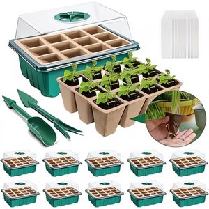 Famanu 10 stuks mini-broeikas voor planten, 120 gaten, biologisch afbreekbaar zaaibak, kweekbox met deksel en duurzame ventilatie, zaaidienbladen, starterset, hydraterende zaaibak
