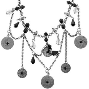 Behave Antiek zilverkleurige ketting met zwarte kralen en muntjes hangers