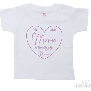 Soft Touch T-shirt Shirtje Korte mouw ""De liefste mama is toevallig mijn mama"" Unisex Katoen Wit/lila Maat 62/68